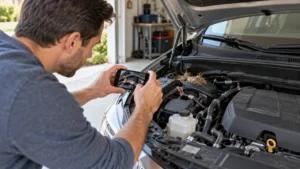 Driver photographing rodent damage and nesting debris under an open car hood
