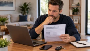 Driver reviewing a car insurance renewal notice and payment date at home