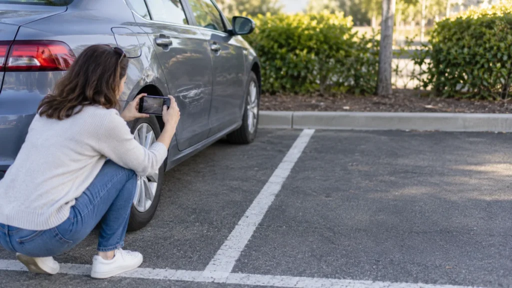 Driver documenting hit and run damage for a collision insurance claim
