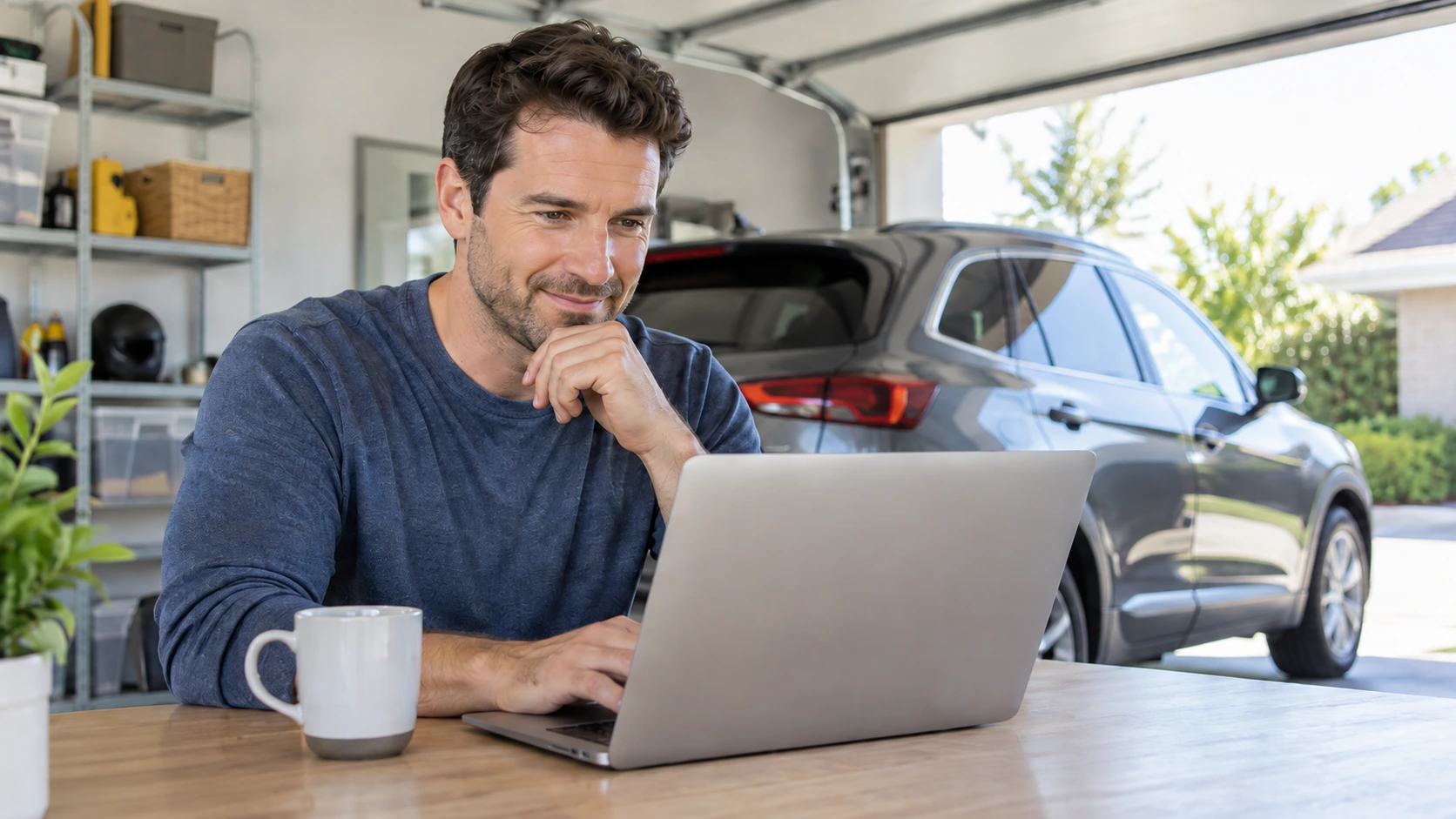 Driver learning about car insurance basics on a laptop beside a parked vehicle