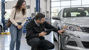Insurance appraiser inspecting a damaged car before repairs