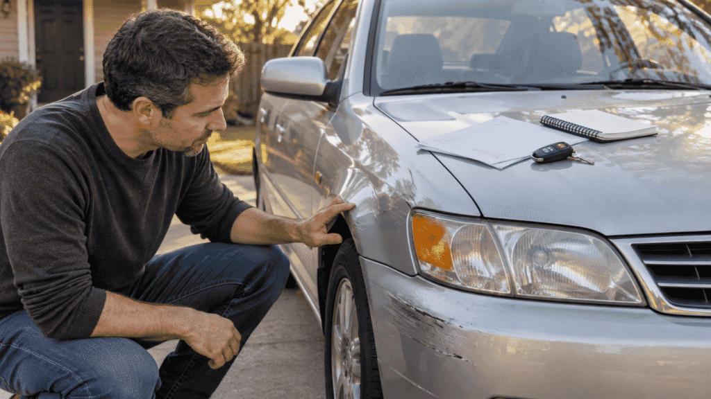 Is collision car insurance worth it explained by a driver reviewing repair paperwork beside an older car