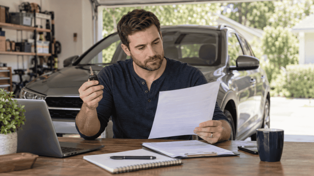 Is comprehensive car insurance worth it explained by a driver reviewing insurance papers beside a parked vehicle