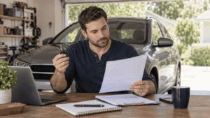 Driver comparing car keys and insurance papers beside a parked vehicle