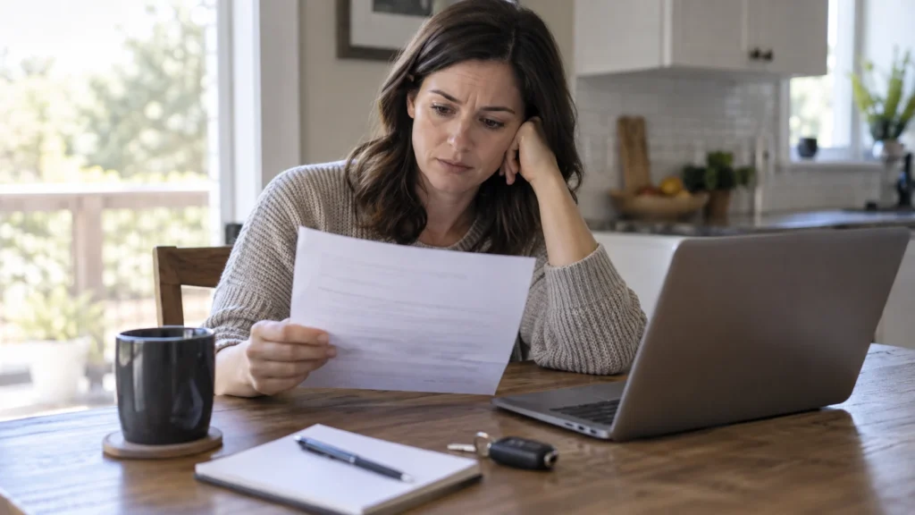 Driver reviewing car insurance nonrenewal after claim notice at home