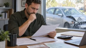 Driver reviewing total loss settlement sales tax and fees with a calculator and vehicle paperwork