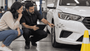 Driver and repair estimator reviewing minor bumper damage in an auto body shop