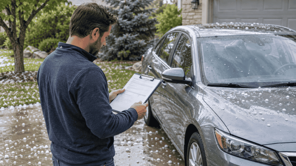 Driver reviewing an auto insurance document beside a car after light hail