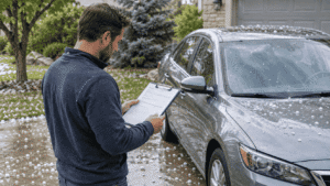 Driver reviewing an auto insurance document beside a car after light hail