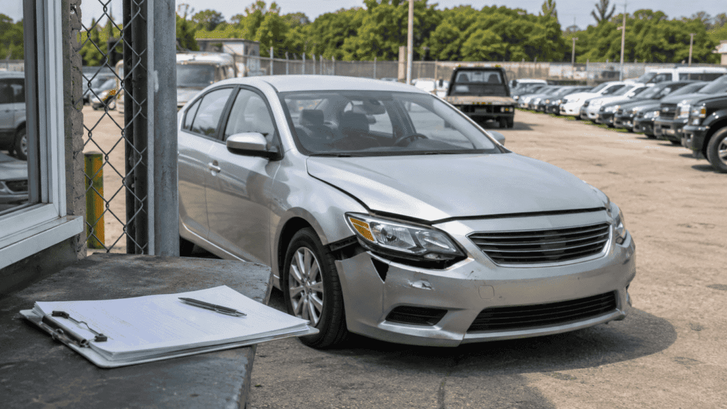 Damaged car parked in a secure storage yard with claim paperwork nearby