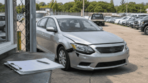 Damaged car parked in a secure storage yard with claim paperwork nearby