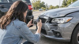 Driver documenting damage to a car after a collision for an insurance claim.