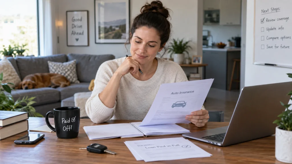 Car owner reviewing insurance documents after paying off an auto loan