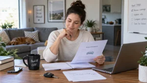 Car owner reviewing insurance documents after paying off an auto loan