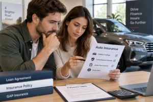 Car buyer reviewing collision and comprehensive insurance requirements for a financed vehicle