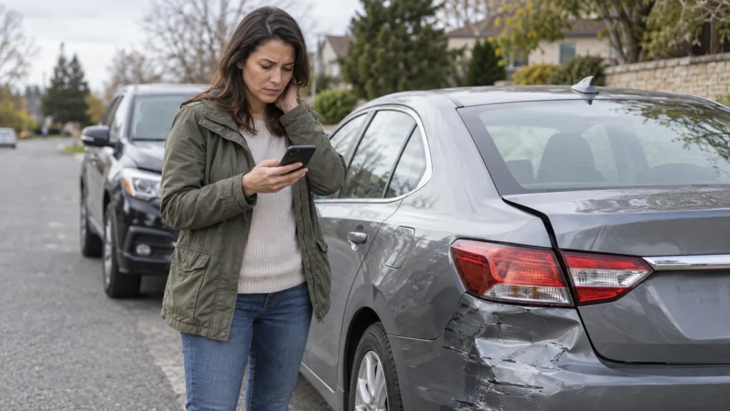 Driver reviewing insurance information after a not-at-fault collision