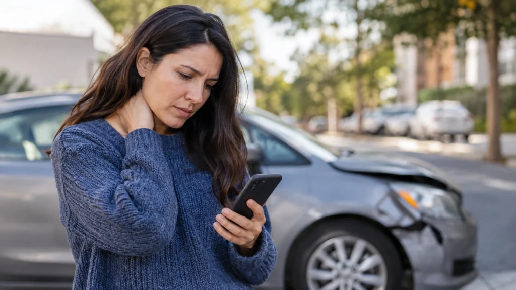 Driver checking a stalled third-party insurance claim beside a damaged car