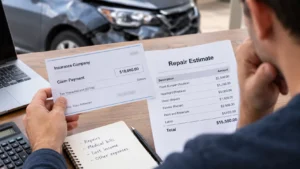 Driver comparing a repair estimate with an insurance payment that does not cover the full loss