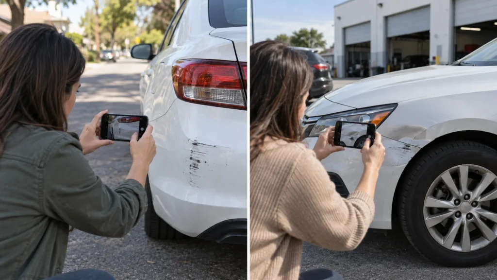 Driver photographing damage from two separate car accidents